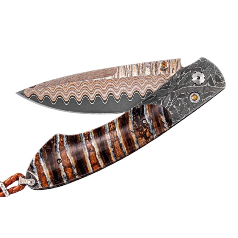 William Henry Spearpoint ‘Brown Hornet’ Features A Mesmerizing Frame Of Hand-Forged 'X-Out' Damascus By Chad Nichols  Inlaid With A Stunning Piece Of 10 000 Year-Old Fossil Woolly Mammoth Tooth